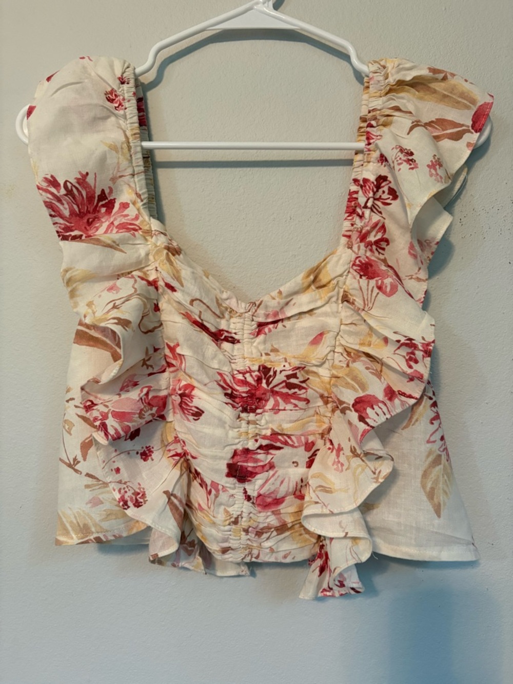 H&M Crop Floral Ruffle Smocked Women's Top Pink/Cream Linen Blend Size M - Picture 2 of 11